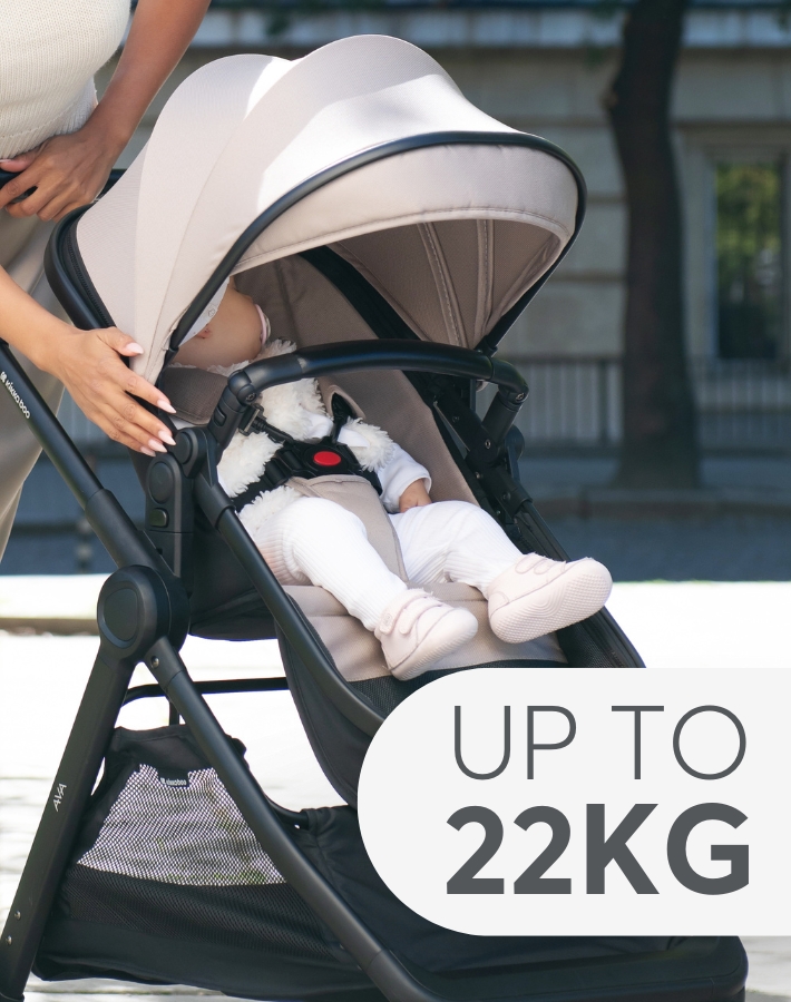 Grazie al suo design versatile, il passeggino AVA accompagnerà il tuo bambino dal primo viaggio a casa fino al raggiungimento dei 22 kg.