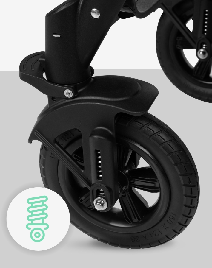 With AMAIA, bumpy roads and crowded streets will no longer be a problem! The front wheels of the stroller have suspension and a 360° rotation with locking mechanism, which allow excellent maneuverability and a smooth ride.