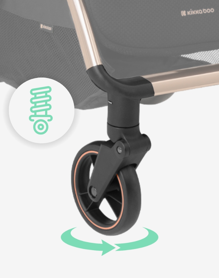 The wheels of EDEN are equiped with suspension for smooth transitions over any surface. The front ones rotate 360°, making the stroller extremely manoeuvrable.