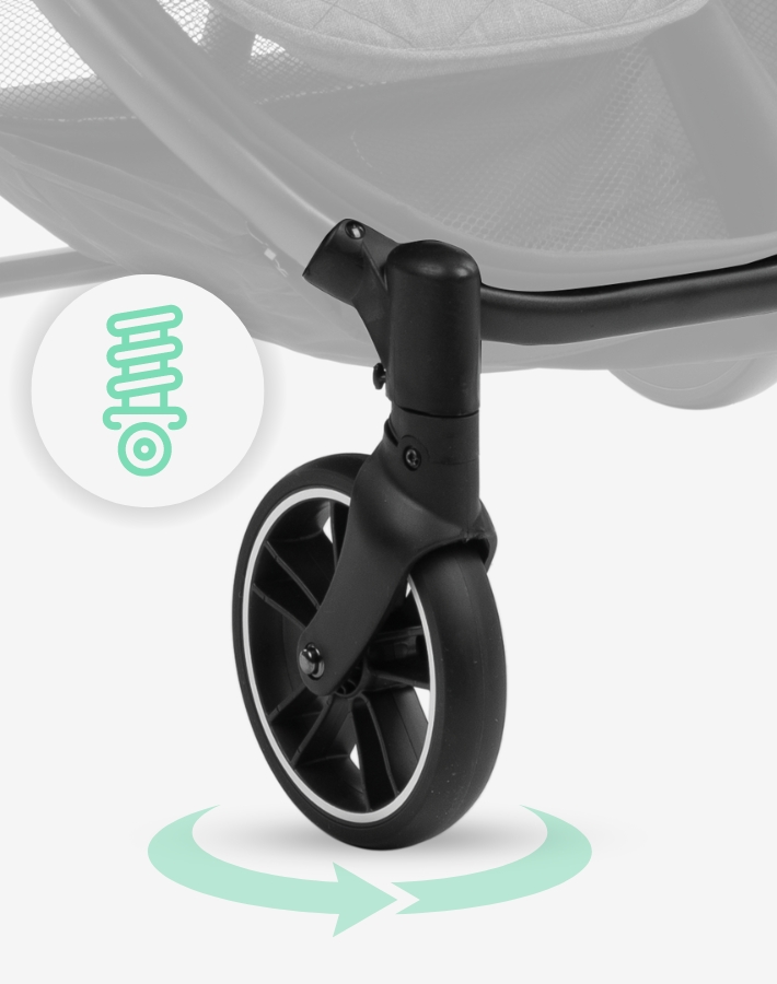 The front wheels of HAPPY 2 rotate 360° and can be locked to drive straight. They also feature built in suspension, meaning the pushchair is also suitable for difficult terrain.