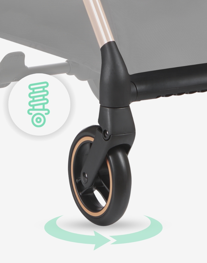 The wheels of JOY are equiped with suspension for smooth transitions over any surface. The front ones rotate 360°, making the stroller extremely manoeuvrable.