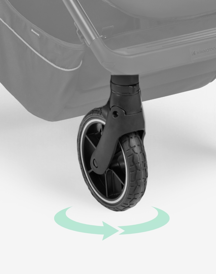 The front wheels of the pushchair rotate 360 degrees, providing exceptional maneuverability. This feature allows for easy navigation through tight spaces, making it perfect for urban environments or busy outings.