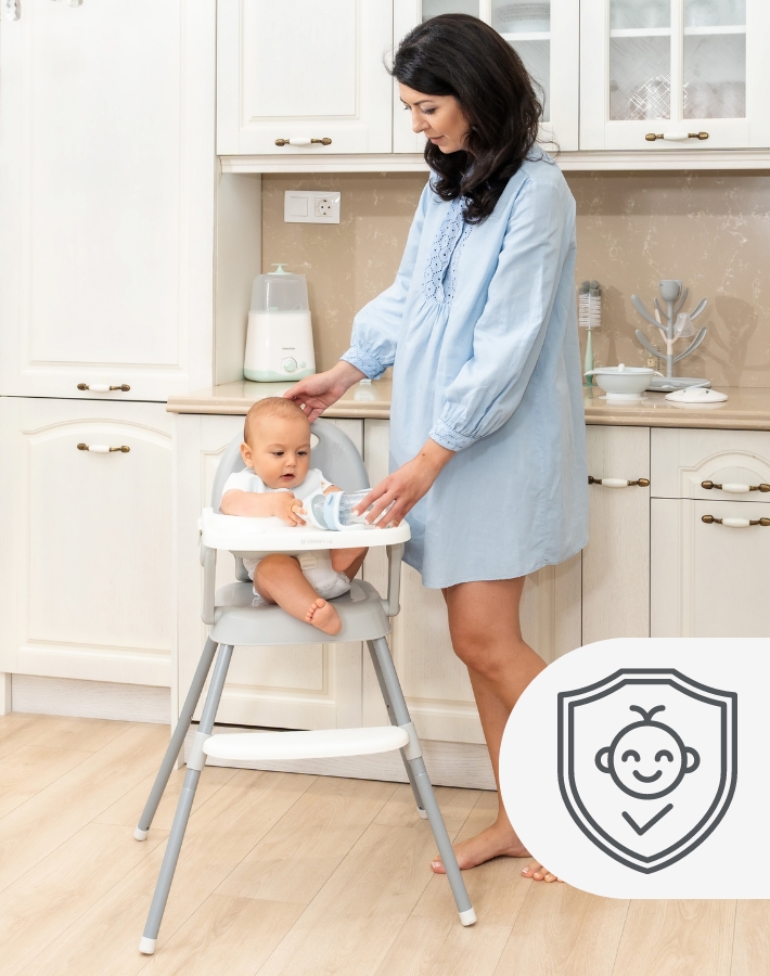 Adecuada para niños que pueden sentarse sin ayuda, nuestra trona cumple con rigurosas pruebas de seguridad, lo que garantiza un espacio de comedor seguro y de apoyo para su pequeño.
