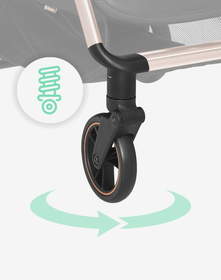 The wheels of EDEN are equiped with suspension for smooth transitions over any surface. The front ones rotate 360°, making the stroller extremely manoeuvrable.