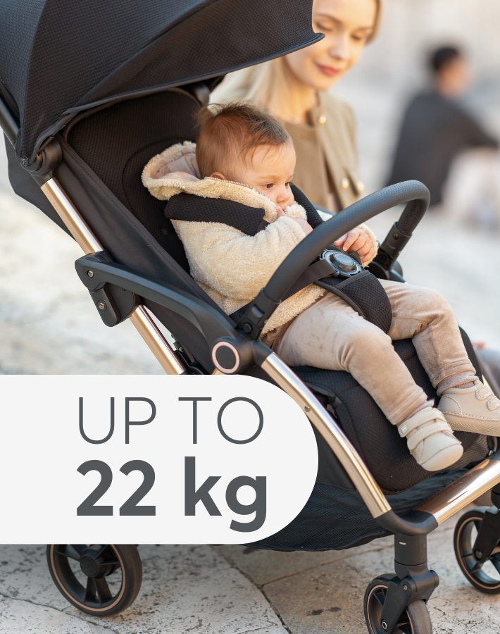 EDEN is suitable from birth up to 22 kg providing a safe, comfortable ride. Thanks to it's compact and lightweight design (less then 8kg) this pushchair will become you favourite companion.