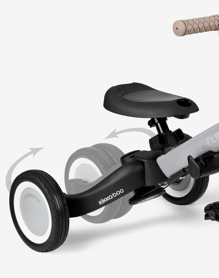 Transform FLIP from a traditional trike to a balance bike or bicycle with just a few easy adjustments, adapting it to your child's riding ability.