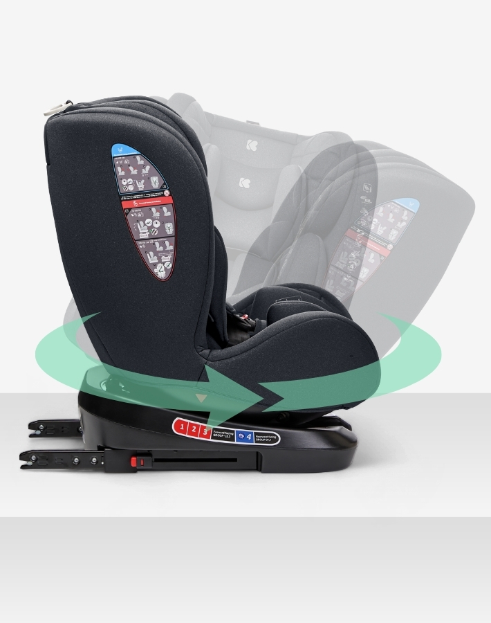 La función giratoria de 360° agrega comodidad al permitirle girar fácilmente el asiento del automóvil hacia la puerta para una colocación sin esfuerzo y una sujeción segura de su hijo.
