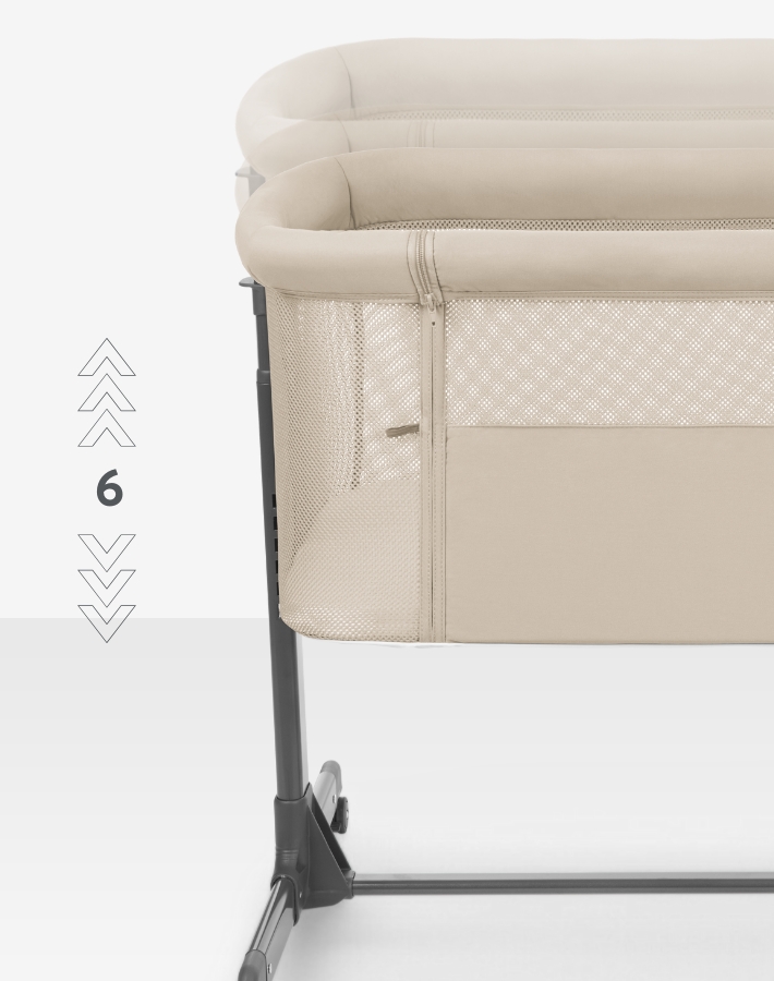 Easily adjust the crib's height in 6 positions to align perfectly with any adult bed.