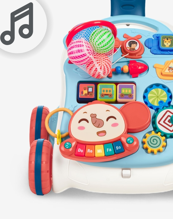 Equipped with an interactive panel that includes music and lights, the push walker offers sensory stimulation that not only entertains but also aids in the cognitive development of young children.