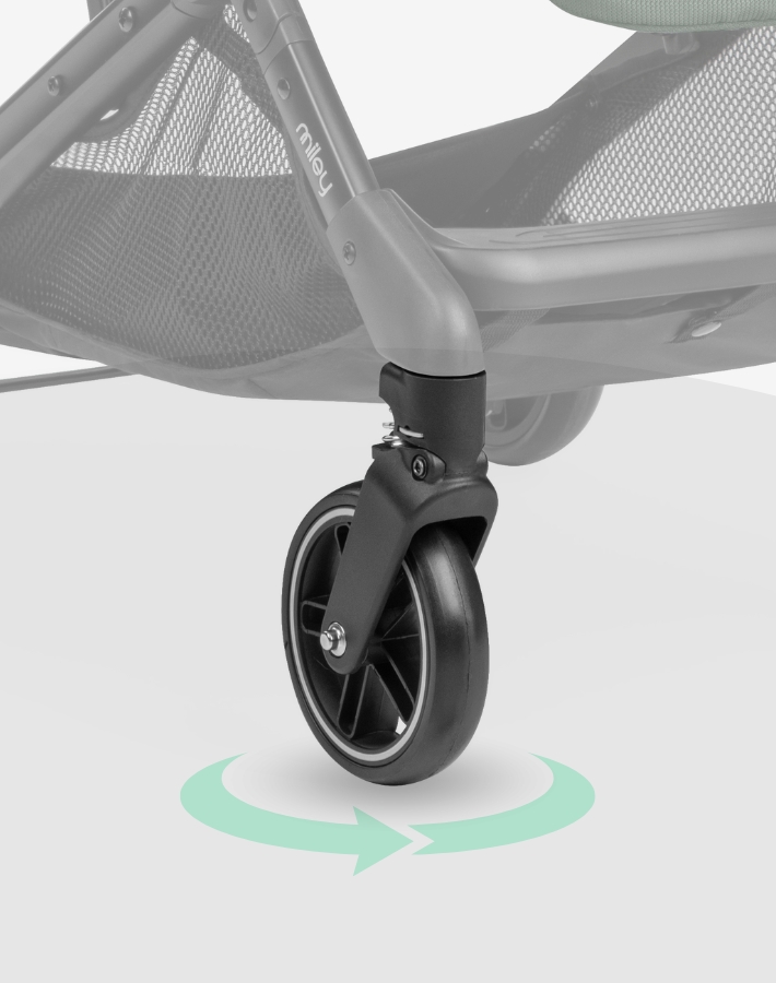 With front wheels that rotate 360 degrees, the MILEY pushchair offers effortless steering and maneuverability, perfect for navigating busy streets or crowded places.