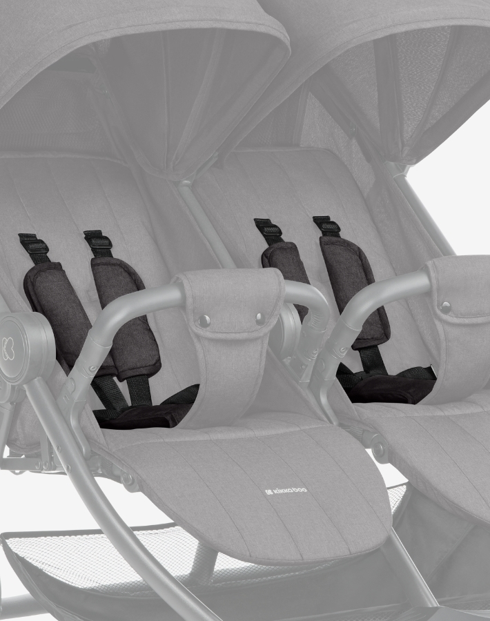 Equipped with a 5-point harness system that includes shoulder pads and lower buckle covers to ensure safety and comfort. Additionally, it features two detachable textile bumper bars that can be removed or adjusted for easy access.