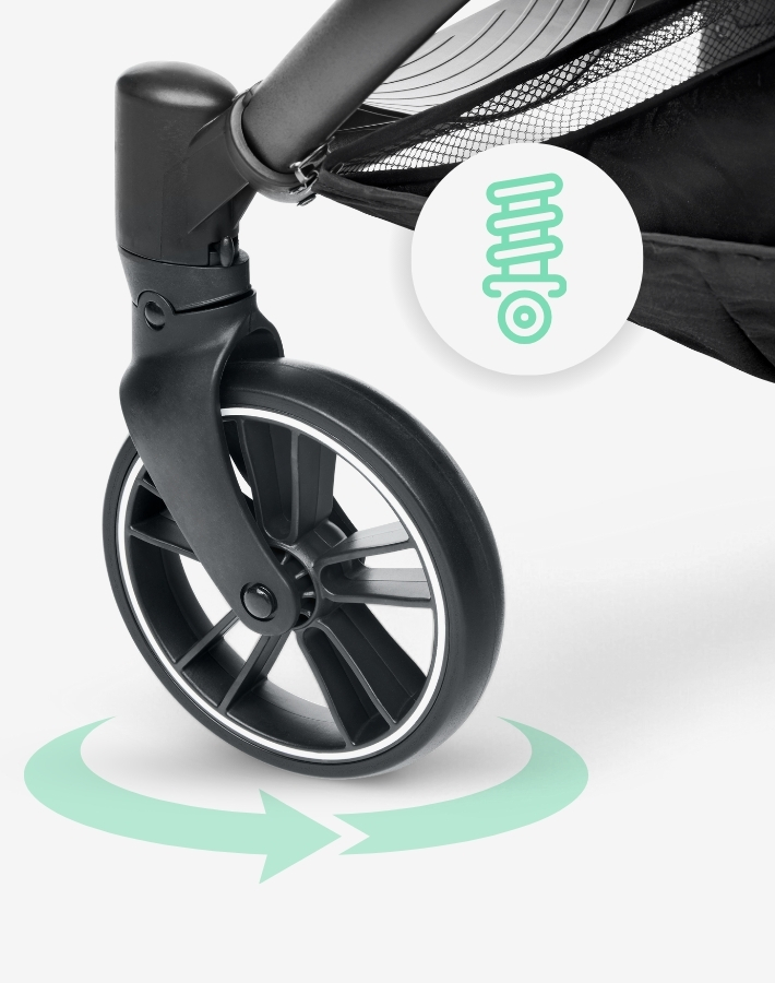 The front wheels of the stroller offer 360-degree rotation with a locking mechanism, allowing for exceptional maneuverability and stability on various terrains, making it easy to steer through crowded places.