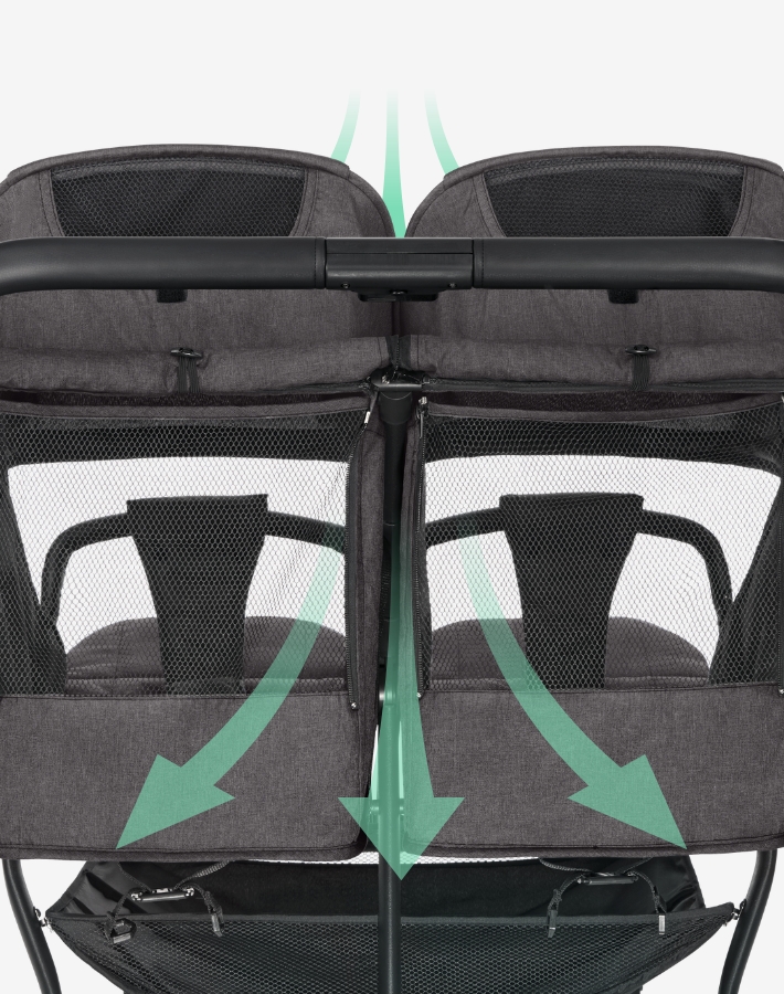 Designed with backrest ventilation openings, the stroller ensures your children stay cool and comfortable during rides, promoting air circulation and reducing overheating on warm days.